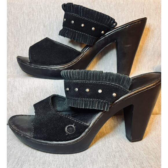 Born Kassidy Suede 90s/Y2K Style Black Block Heel Sandals Fringe Studs Boho sz 8 - Picture 2 of 9
